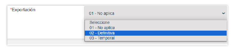 Para usar el complemento comercio exterior se deberá seleccionar la opción 02 en el apartado de exportación.