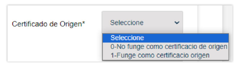 En una factura de ingreso, se deberá llenar el apartado Certificado de Origen, seleccionando;