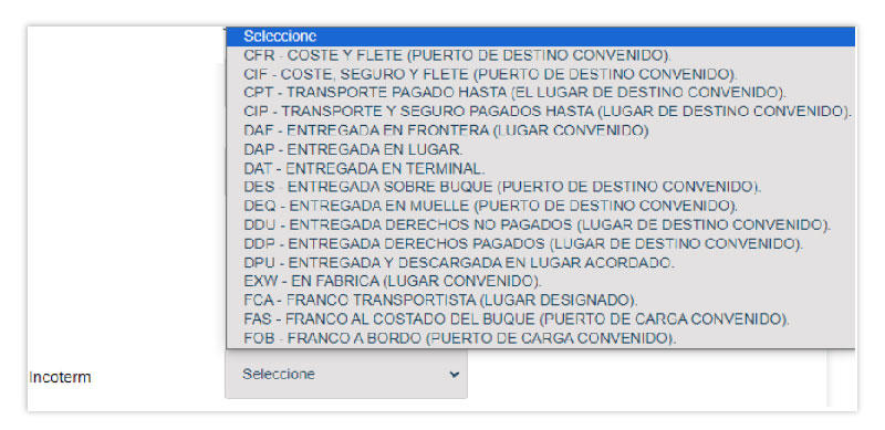 En una factura de ingreso, se deberá llenar el apartado Inconterm, este apartado se llenará siempre y cuando el campo Exportación contenga la clave 02.